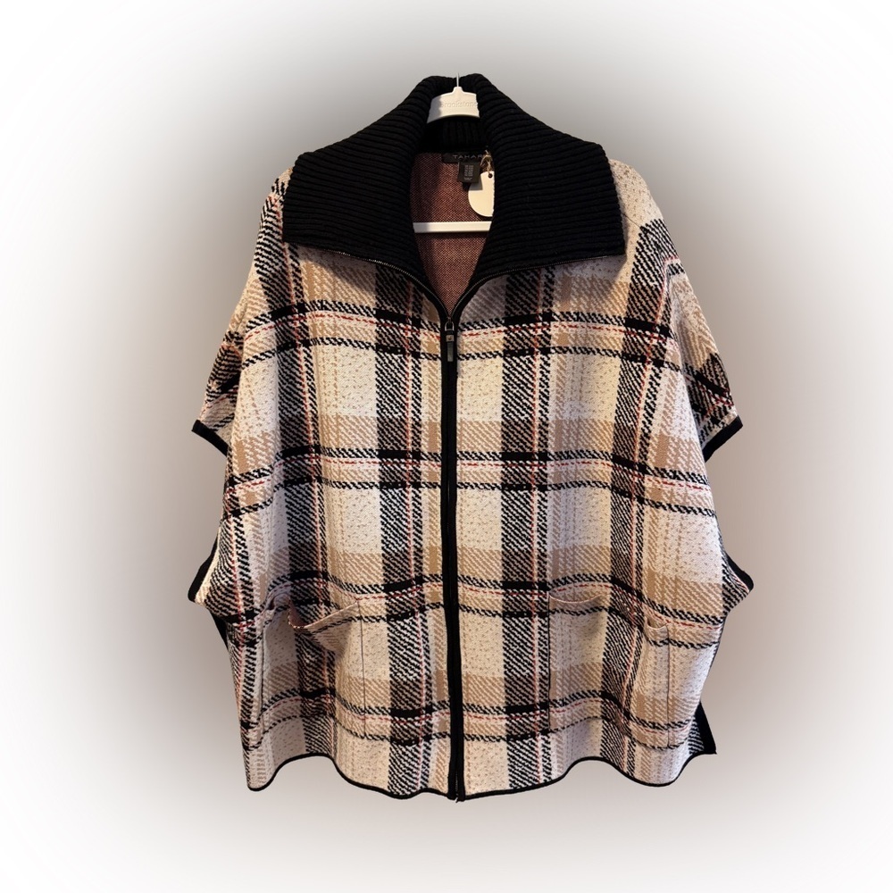 NWOT Tahari Plaid Full Zip Poncho Cape Knit Sweater, Size S/M - Picture 6 of 10